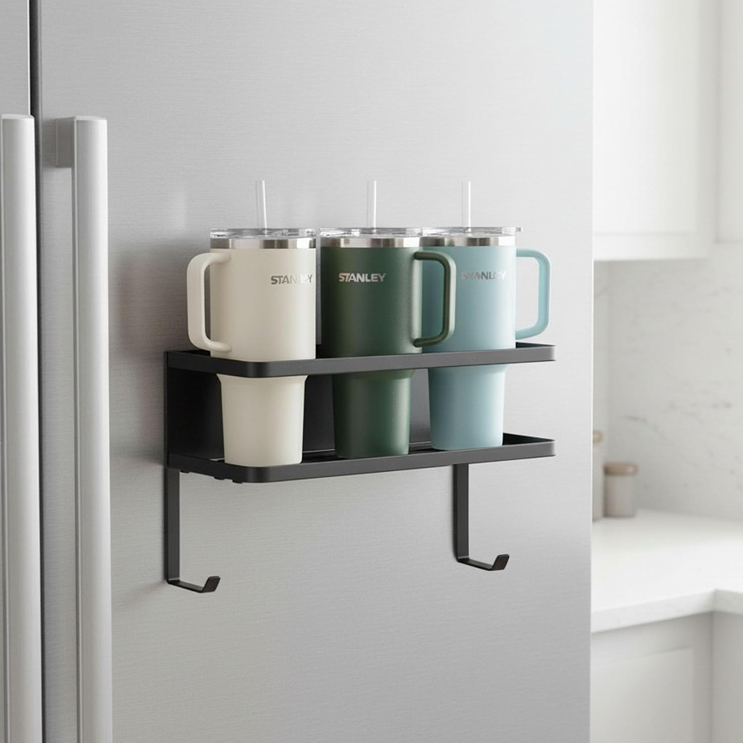 Magnetic Cup Holder for Fridge, Heavy Duty Tumbler Holder Organizer with 2 Hooks for Stanley 30/40 oz, Large Water Bottle Storage, Black - Image 7