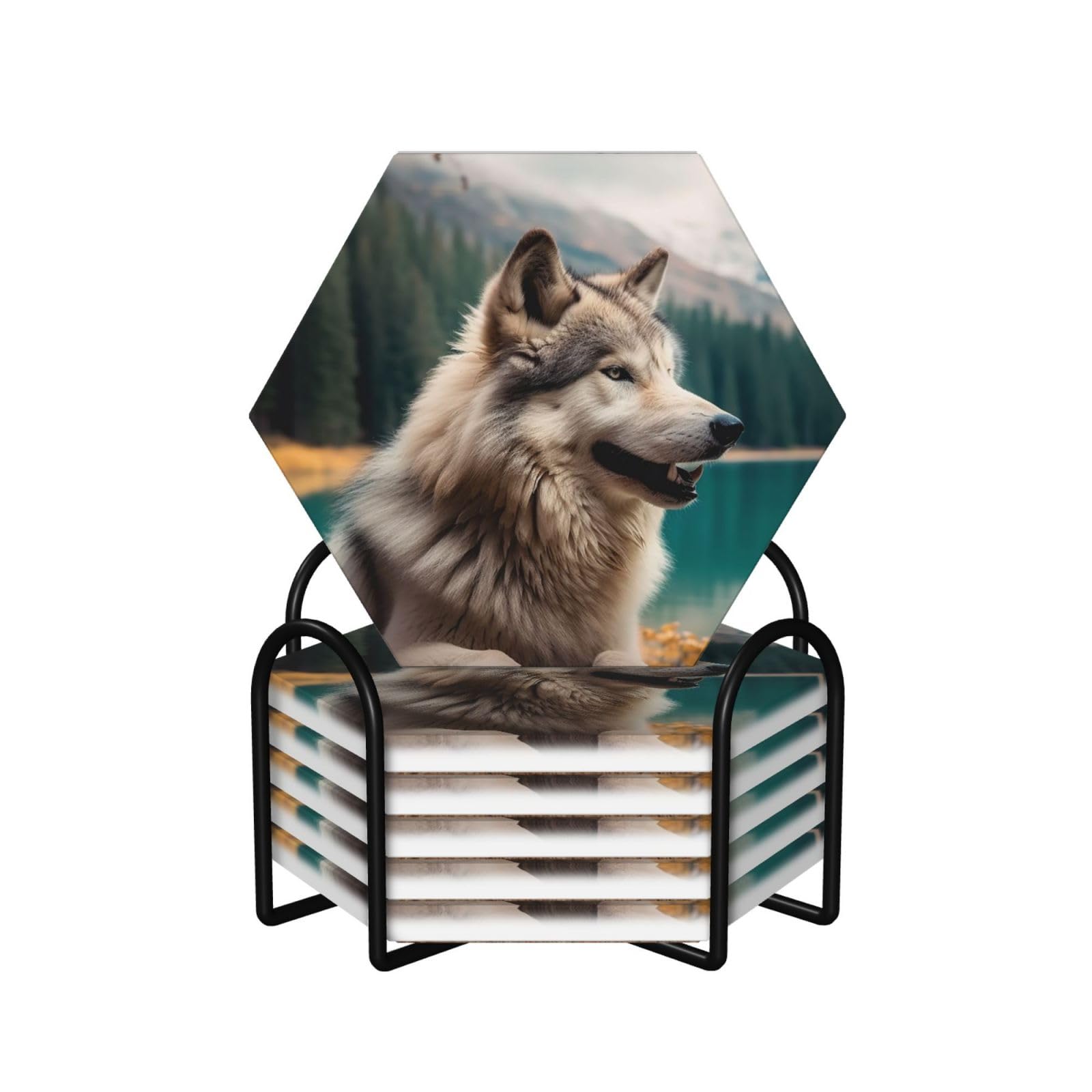 Dessous de verre loup céramique lot de 6 sous-verre absorbant avec liège pour boisson chaude