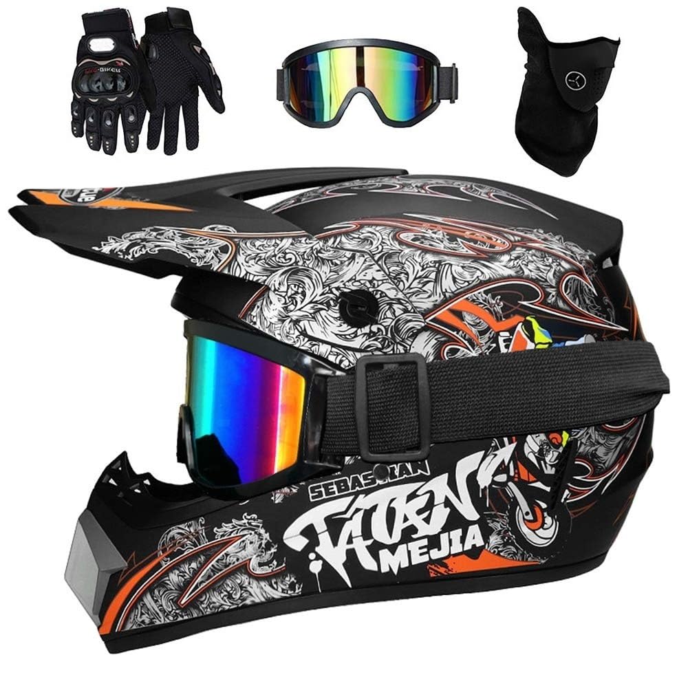 Unisex Dual Sport Casco da Motocross Impostato, con Occhiali Guanti Maschera, Gioventù Bambini Integrali Fuori Strada Moto Caschi, Discesa Enduro MTB BMX ATV Quad Dirt Bike Casco
