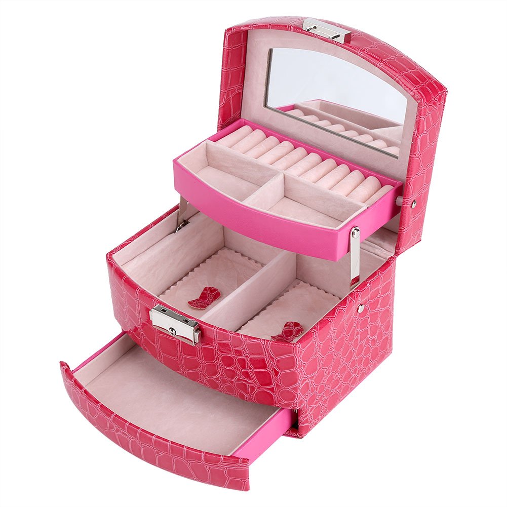 Yosoo 3 strati Jewelry Box con specchio e manico per collane, anelli, collana, ciondoli, spille Storage Rose Red