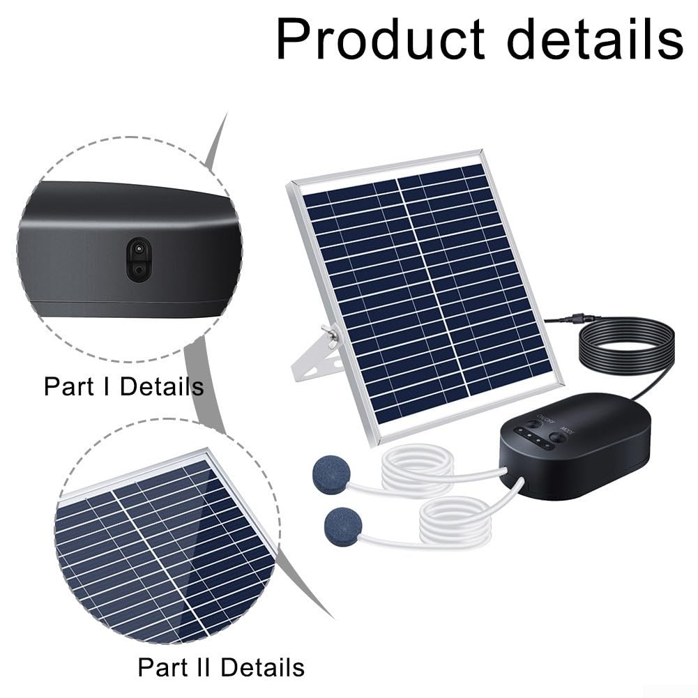 Pompa di ossigeno solare da 15 W con batteria di riserva aeratore per acquario, 3 modalità, tubo di pietra per laghetto, acquario, giardino, fontana d'acqua