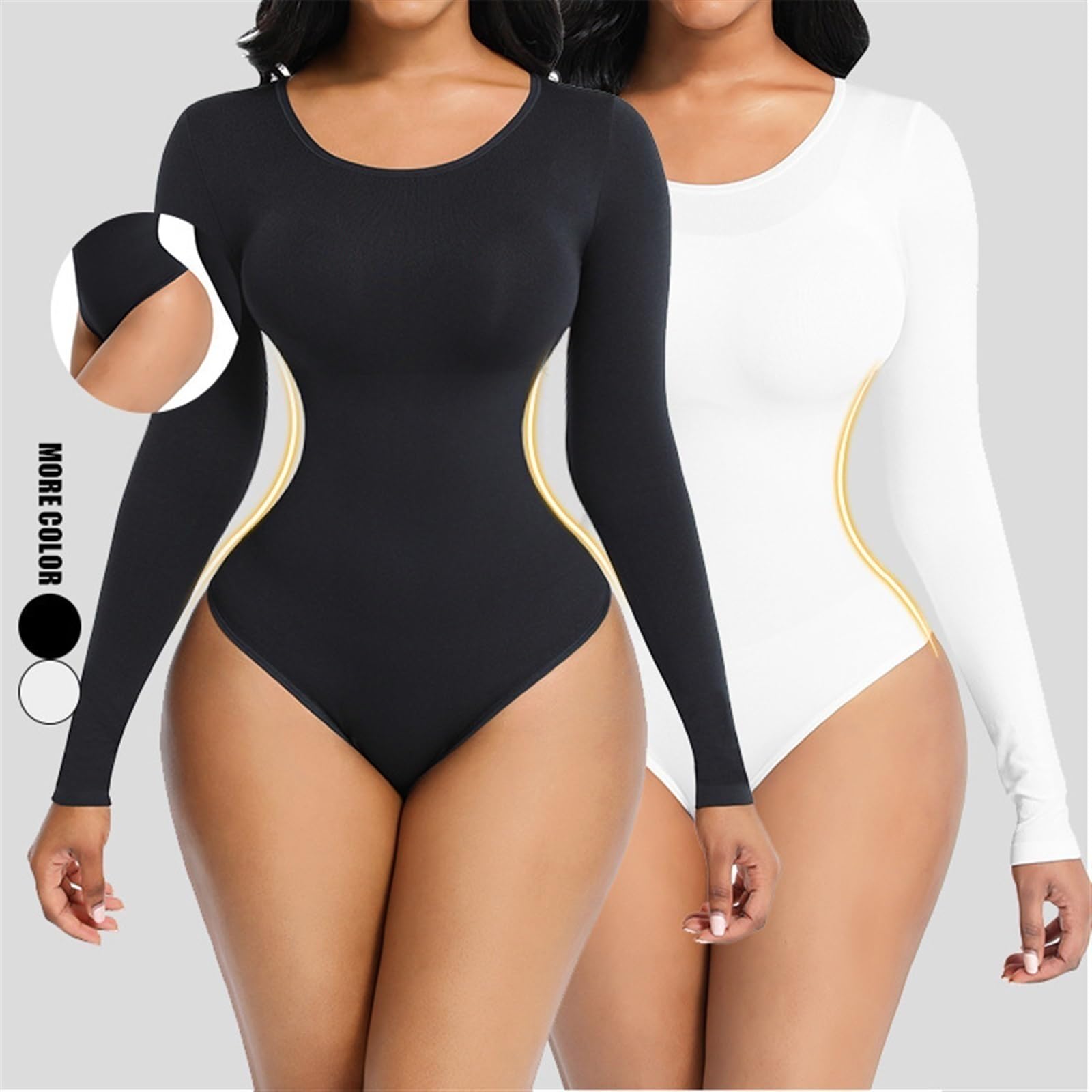 MMRTDJDR Damskie stringi Body wyszczuplają brzuch Bezszwowe kombinezony Bielizna modelująca z długim rękawem Wycięcie pod szyją Casual T-Shirt Topy