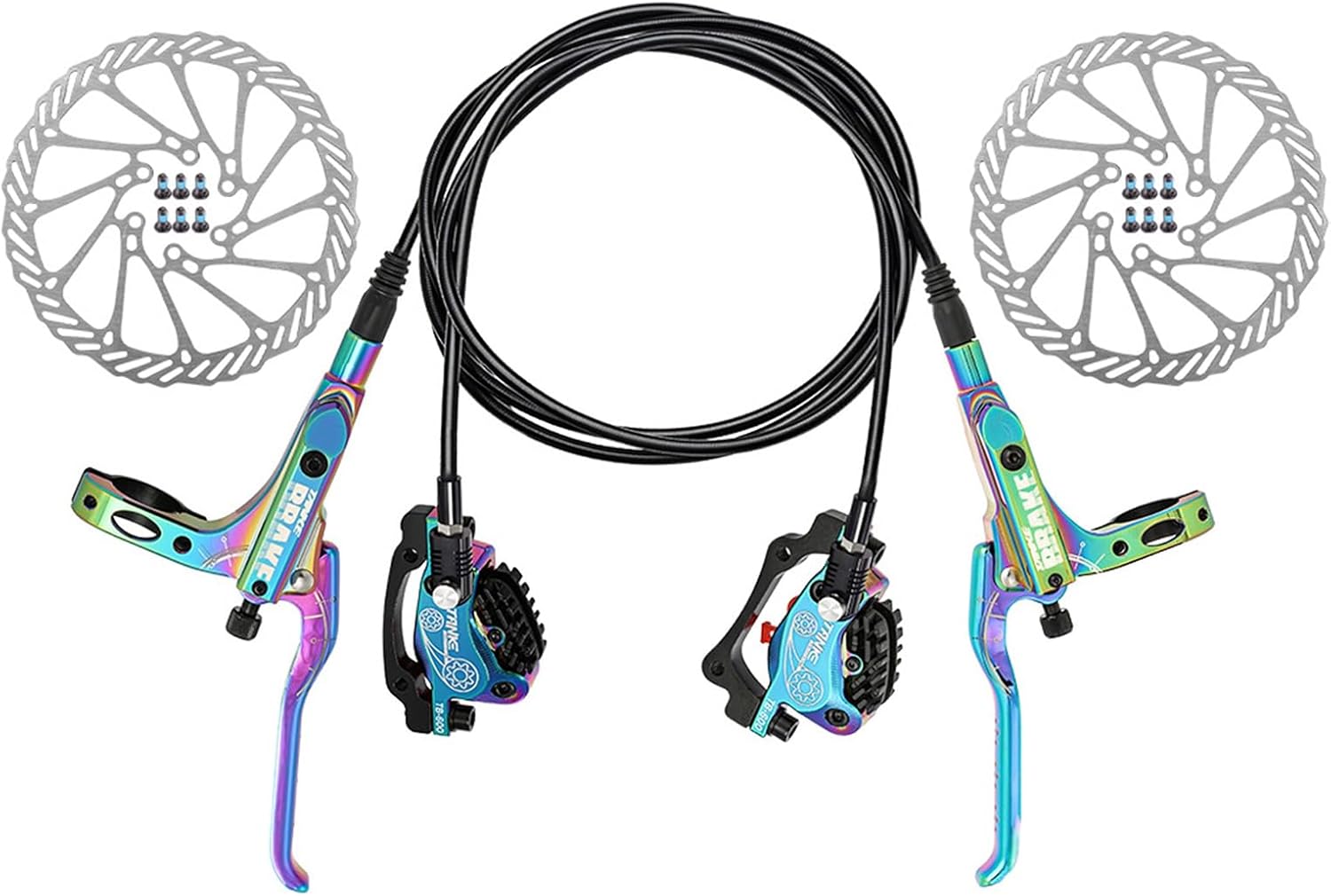 4-Piston Hydraulic Disc Brake Set for Mountain Bike Left Front 800mm Right Rear 1600mmBike Disc Brake Kit with 160mm Rotors Front and Rear Levers