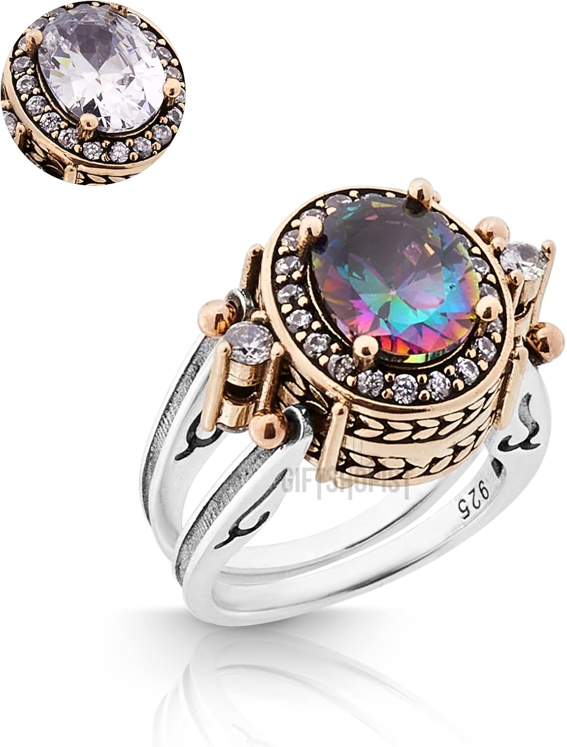 Elegant Reversible 925 Sterling Silver Ring for Women Jewelry - Handcrafted in Turkey, Featuring Oval Cut Alexandrite and White Topaz 925 Sterling Silver Ladie's Ring All Size