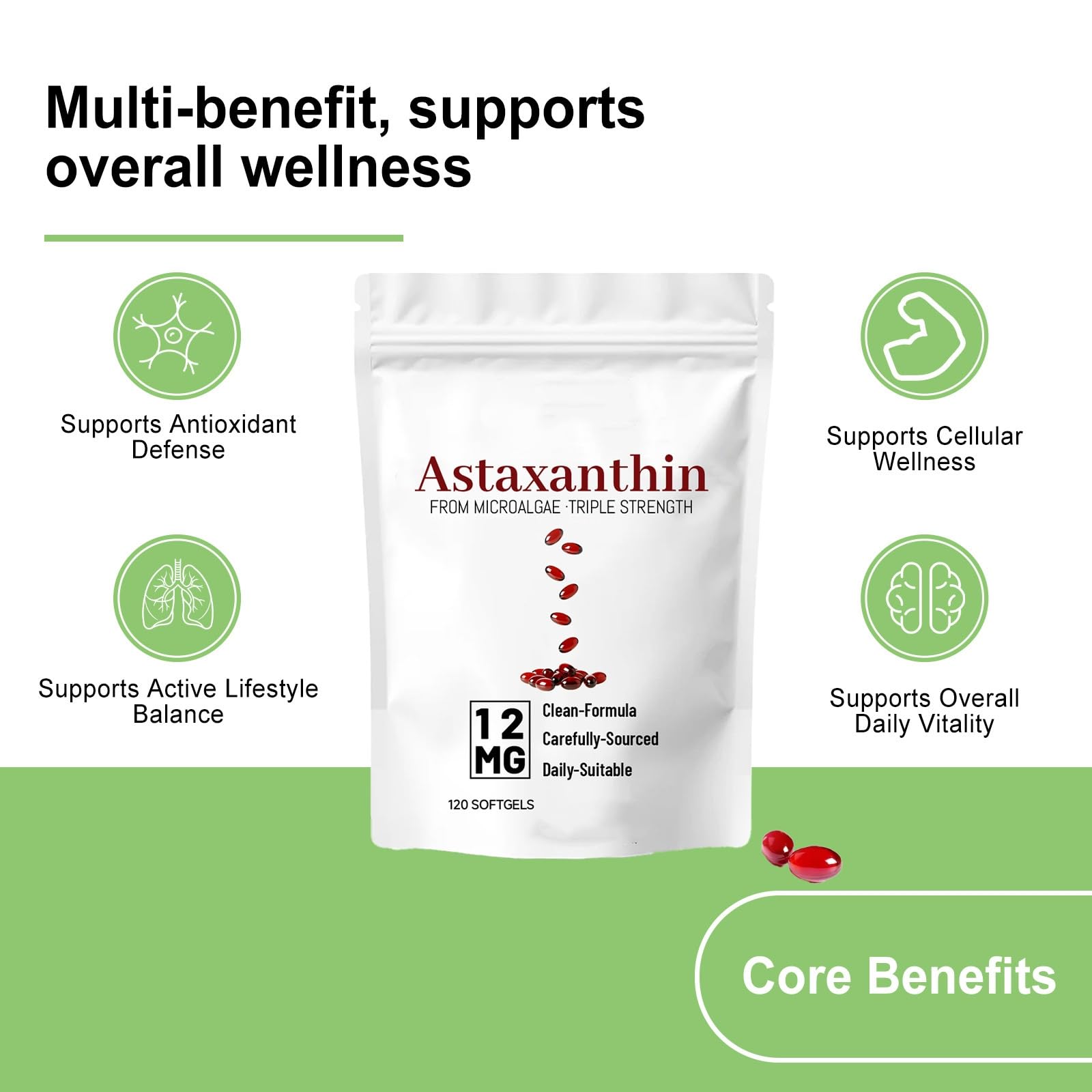Astaxanthine | Source de microalgues fraîches | Vitalité, concentration et soutien immunitaire | formule triple force | 120 pièces par sac pour un approvisionnement de 4 mois,1pcs