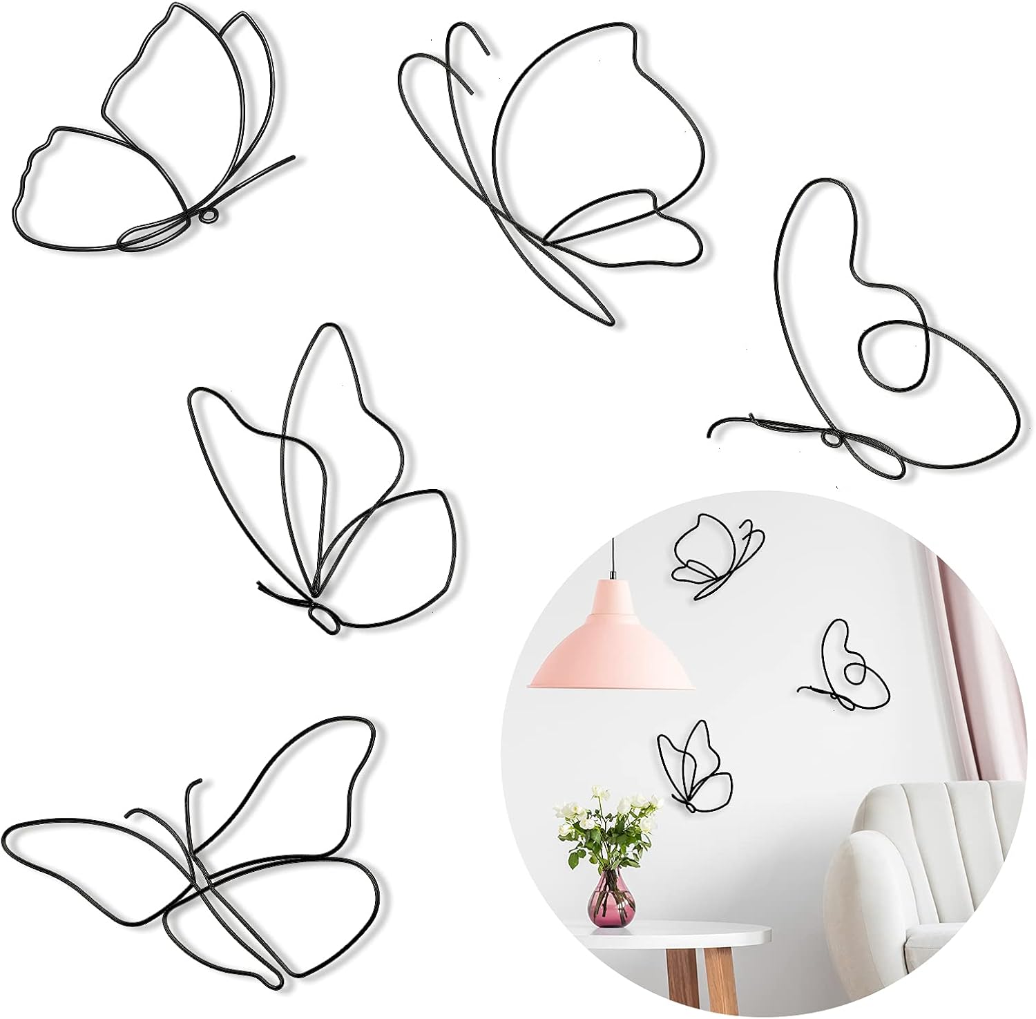 Hotop 5 Pieces Butterfly Metal Wall Decor Butterfly Metal Wall Art Black Hanging Decorations Wire Flowers Decor Butterfly Wall Decals for Indoor Outdoor Wedding Birthday Party Walls, 5 Styles