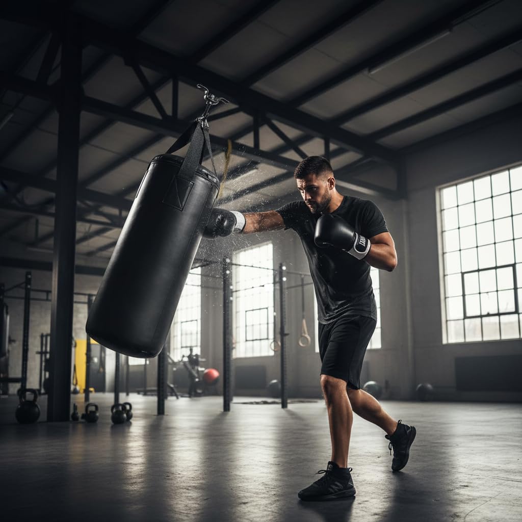 Melko Boxsack Sandsack 10 kg inkl. Boxhandschuhe Aufhängung 56x26 cm | gefüllt, inkl. Bandagen und Deckenbefestigung, aus Kunstleder, Handschuhe 6 oz, für Kickboxen und Training zuhause
