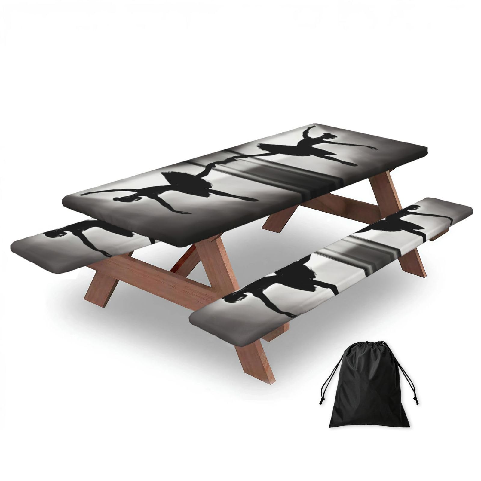 Zyjhyy Black Ballerina Dance Print Party Table Covers With Bench Covers Set Of 3 Picnic Table Cloth Wipe Clean For Garden Camping