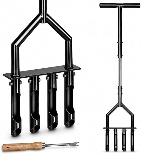 Manual Lawn Coring Aerator, 43" Heavy Duty 4-Tine Plug Aerator | Replaceable Tubes | Anti-Clog Outlet | Comfortable Grip | Easy Cleaning | Better Soil Access