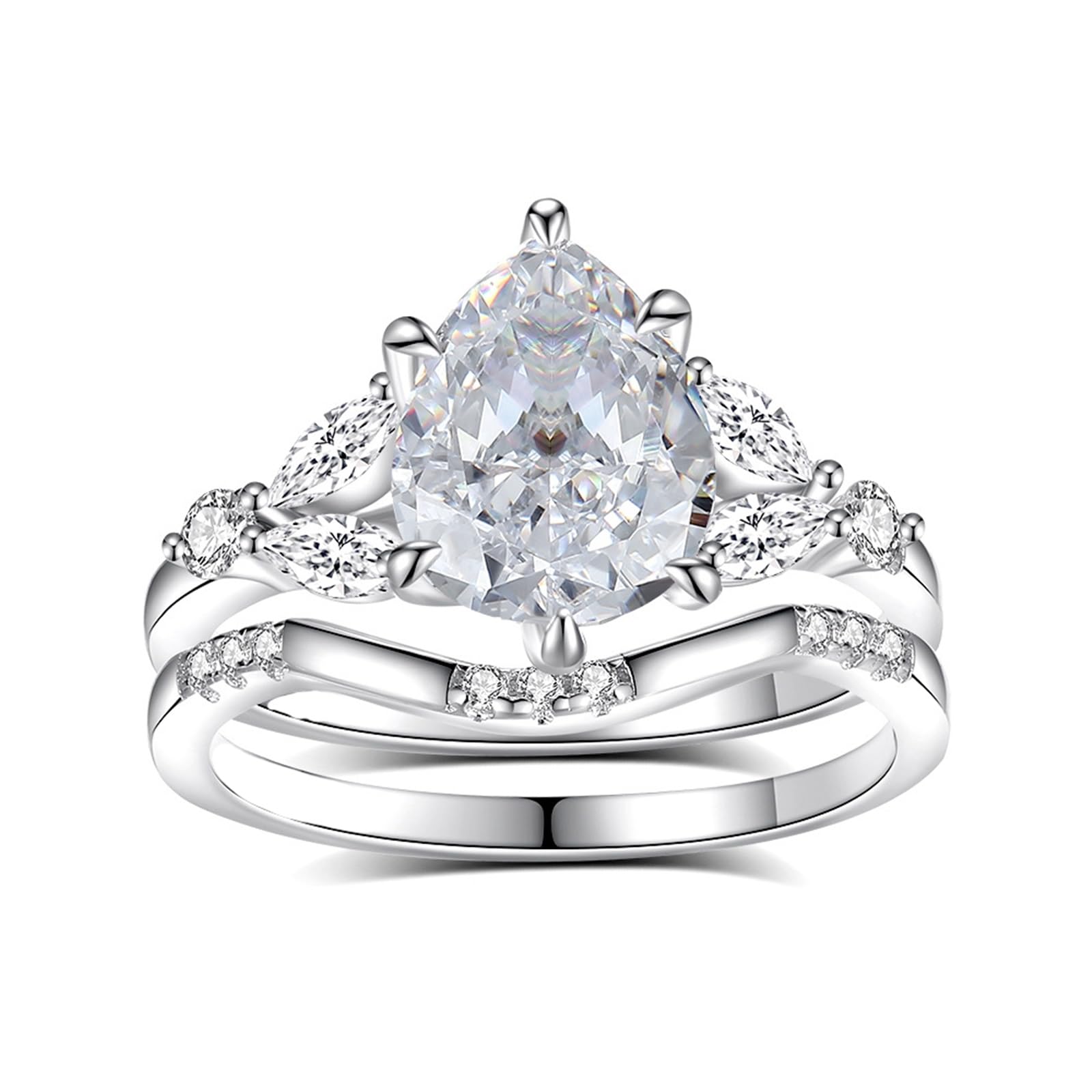 Set di fedi nuziali in oro bianco 18 carati per lei, elegante anello impilabile in moissanite a goccia da 2 carati, personalizzabile