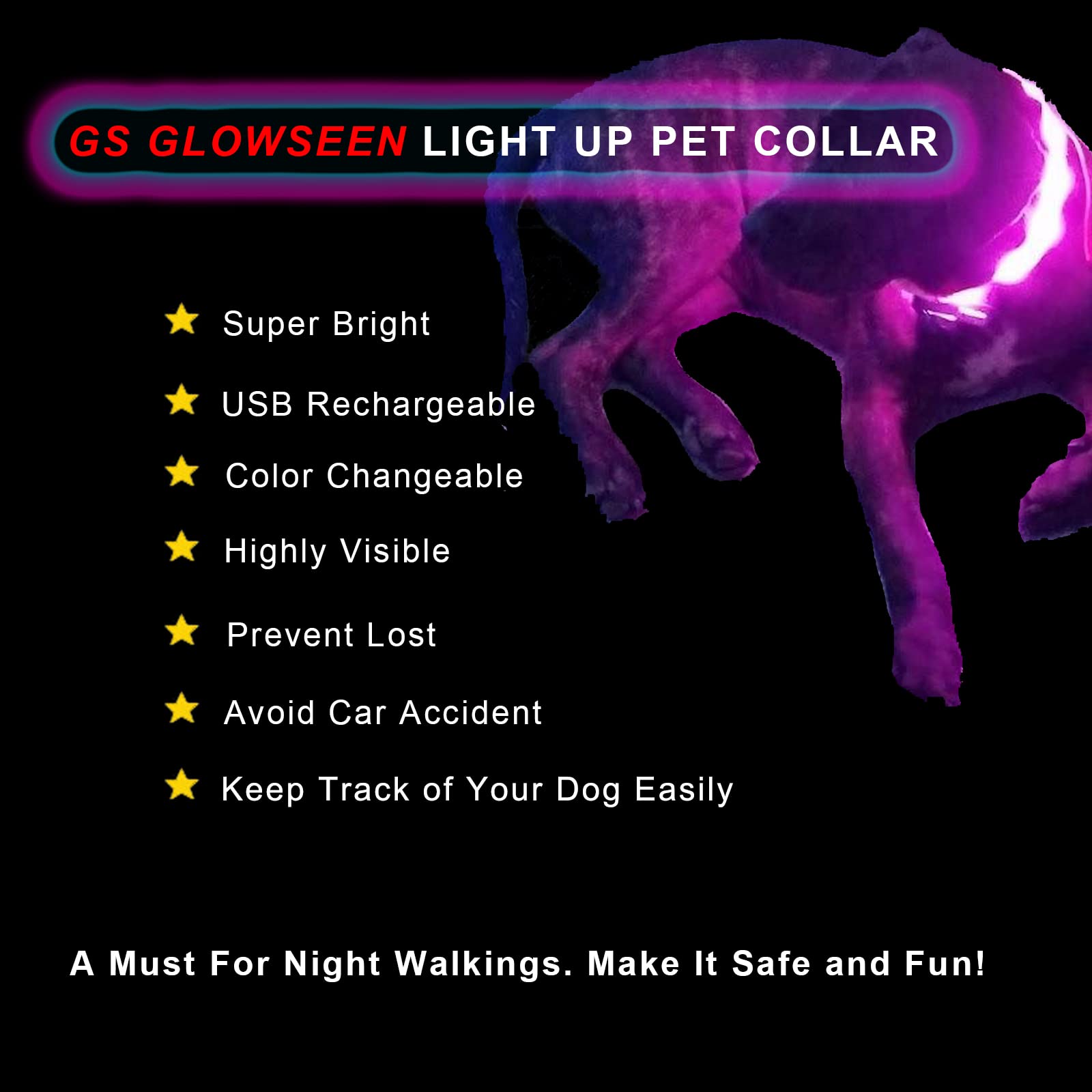 GS GLOWSEEN - Collar para Perro con luz LED, Color cambiable, tamaño General, General Size