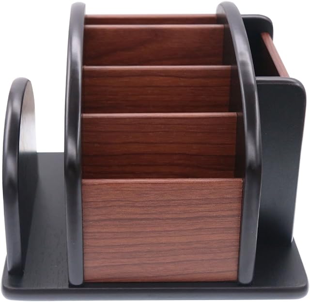 Coideal Wooden Large Spinning Remote Controls Holder Caddy for Table, Rotating Office Supplies Desk Storage Organiser/Revolving Wood Pen Pencil Holder (6 Compartments, Brown & Black)