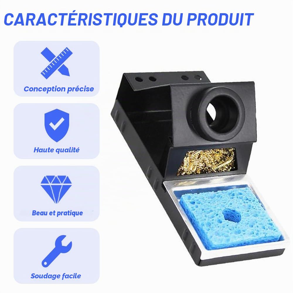 Support de fer à souder, support de fer à souder portable et stable avec laine de laiton, éponge de nettoyage, fentes pour pointes de soudure, pas besoin d'eau