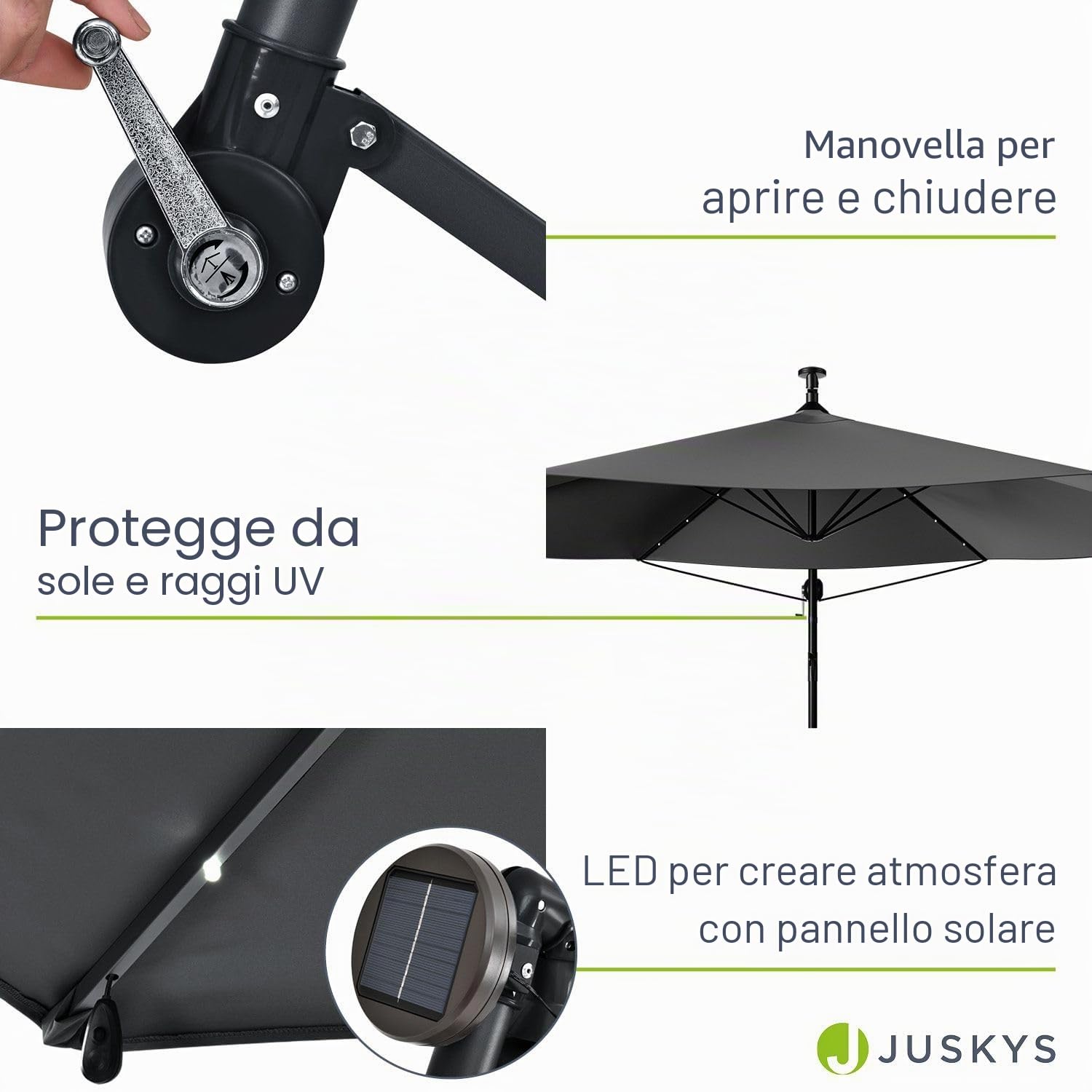 Juskys Brazil Ombrellone a braccio libero con illuminazione LED e solare - 300/350 cm - Protezione UV e idrorepellente - Ombrellone incl. supporto e manovella - 2 colori