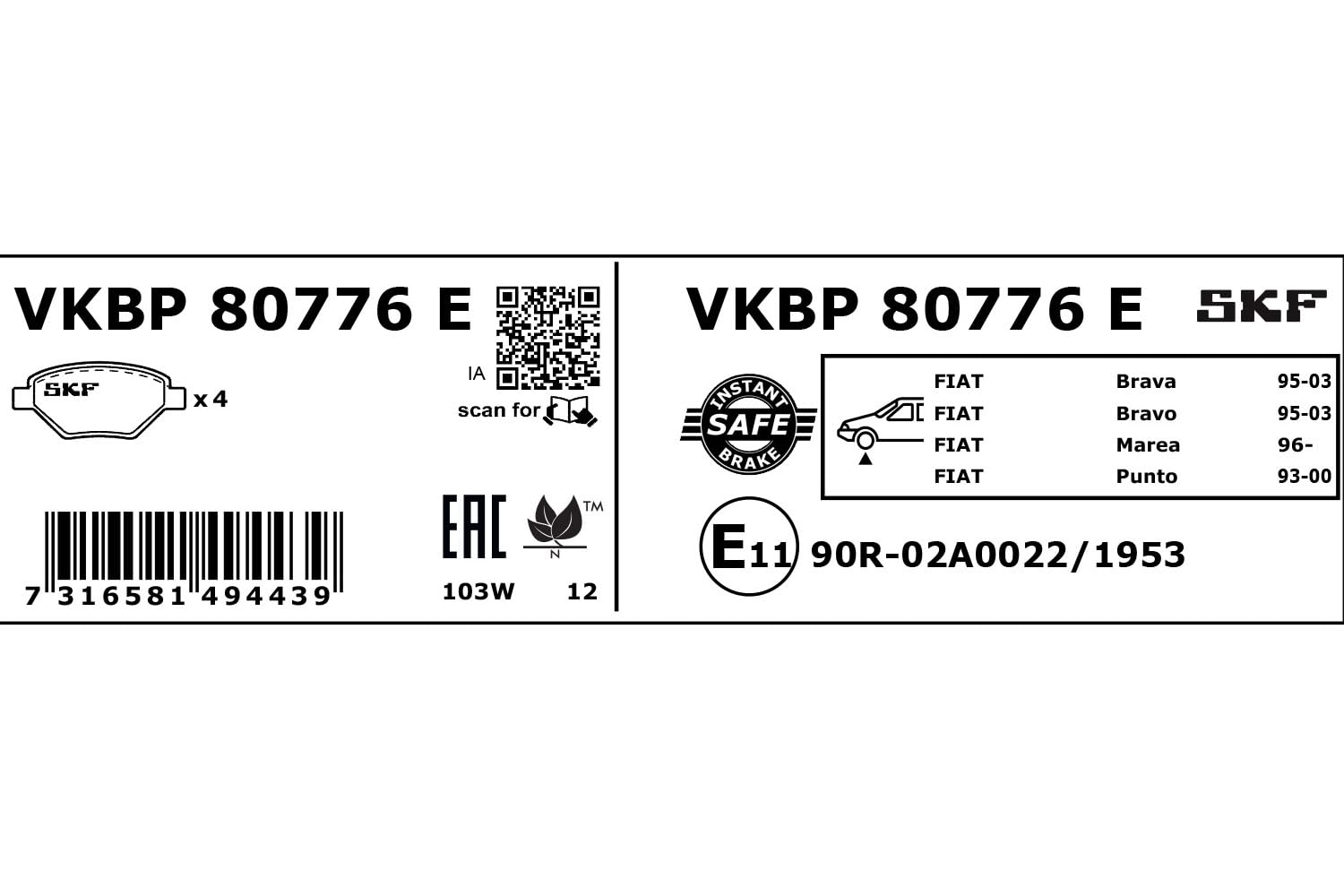 SKF Bremsbelagsatz, Scheibenbremse VKBP80776E