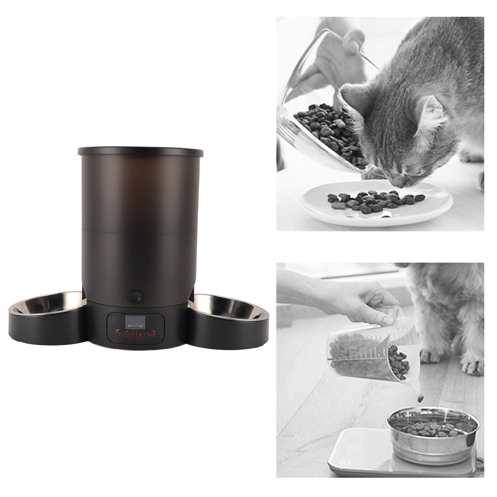 Comedero Automático para Gatos Gran Capacidad Doble Tazón Fácil de Limpiar Dispensador de Alimentos Temporizado para Gatos y Perros Acero Inoxidable 3L (Negro)