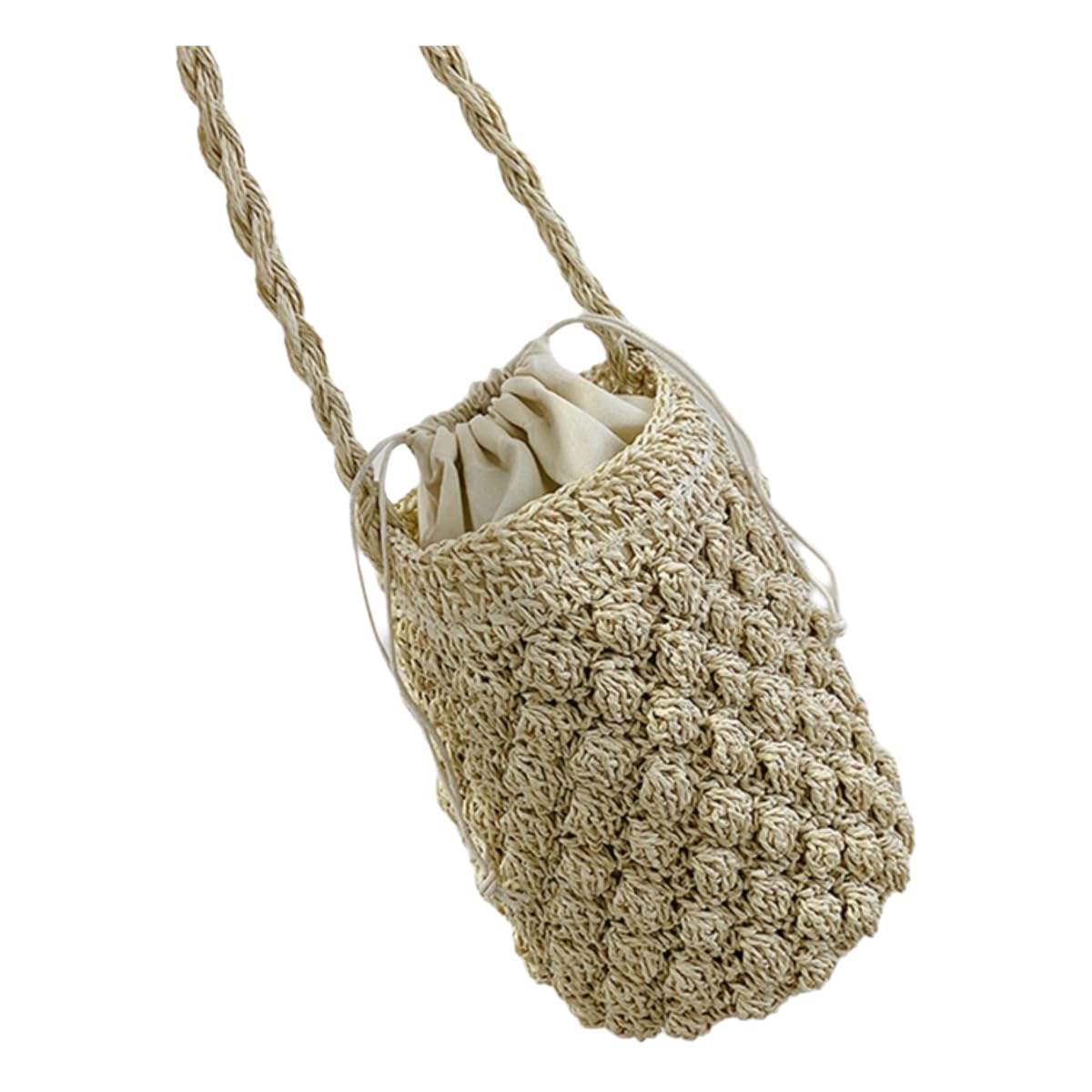 Borsa di Paglia Donna A Spalla Estiva, Secchio in Rattan Grande capacità delle Donne, da Spiaggia Tessuta Fatta Mano-beige-18x15x22cm
