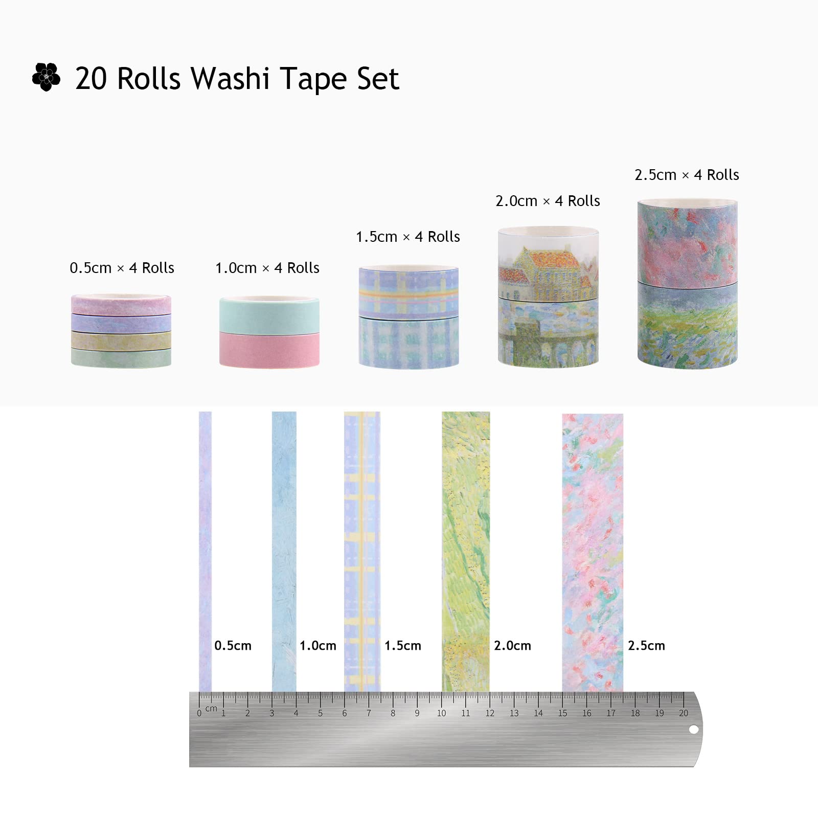 Dizdkizd Juego de 20 rollos de cinta Washi multicolor - 5 diseños (multicolor)