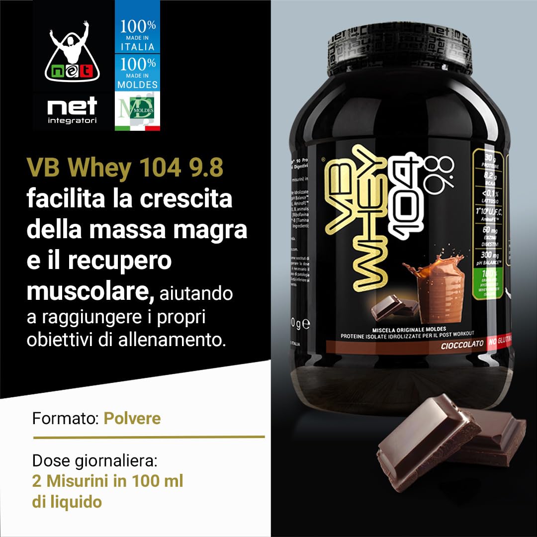 Net Integratori VB WHEY 104 9.8 Optipep - 1980g Cioccolato - Proteine Isolate Idrolizzate per via Enzimatica Con EAA e BCAA - Massimizza Sintesi Proteica Crescita e Mantenimento Muscolare