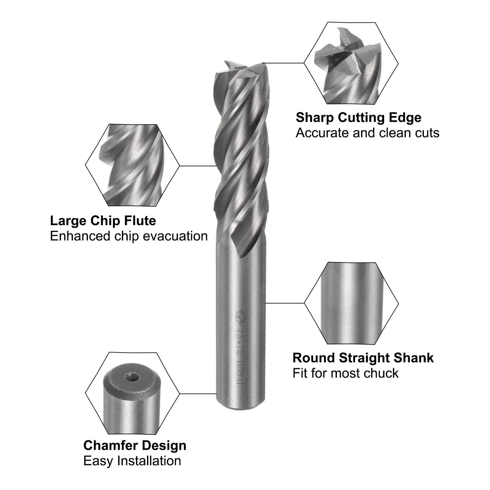 sourcing map Lot de 2 fraises en carbure à 4 cannelures de 13 mm en acier rapide CNC avec tige droite pour la coupe de l'acier d'aluminium et le travail des métaux