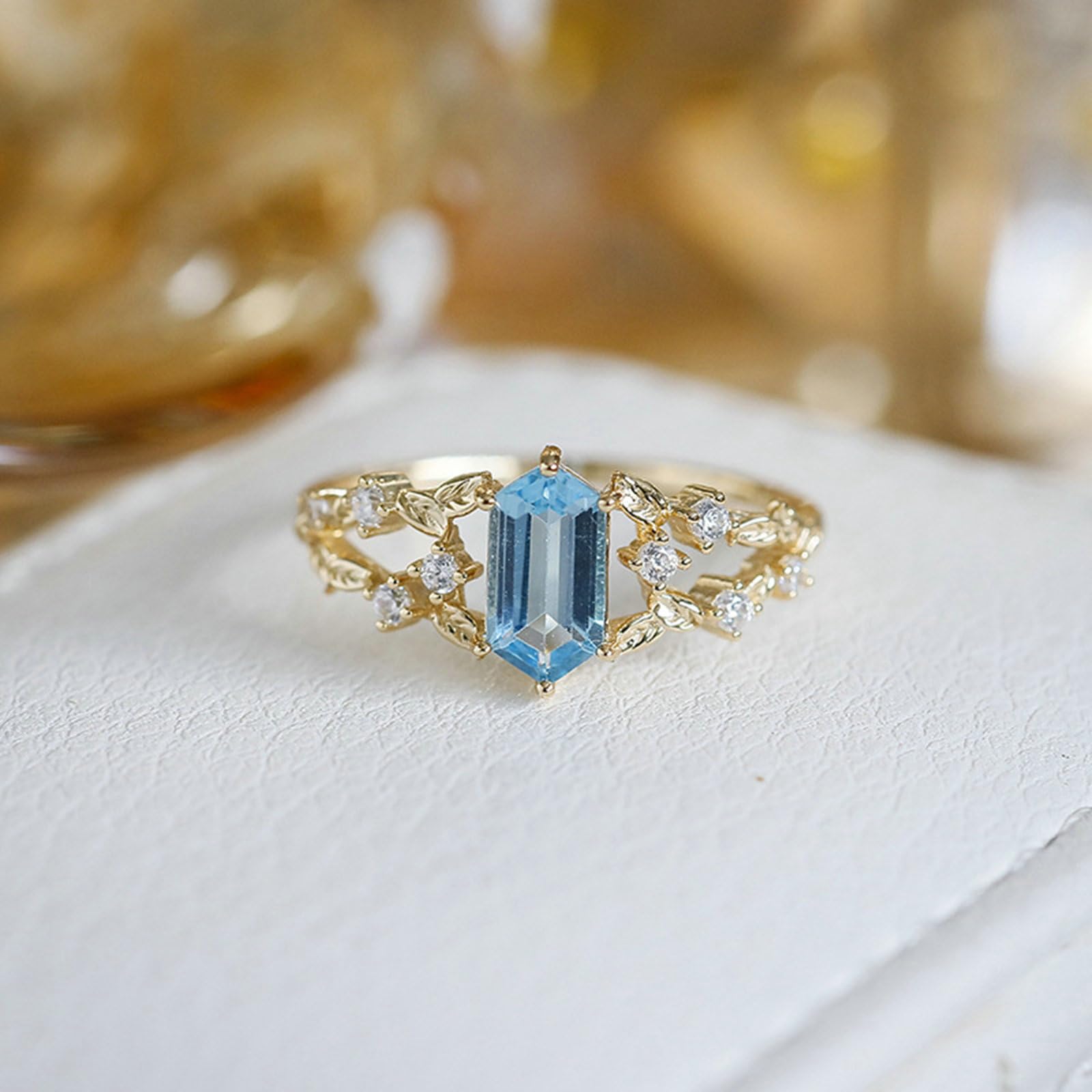 9K/14K/18K żółte złoto, pierścionek w stylu vintage, liść, topaz, prawdziwe złoto, biżuteria dla kobiet,