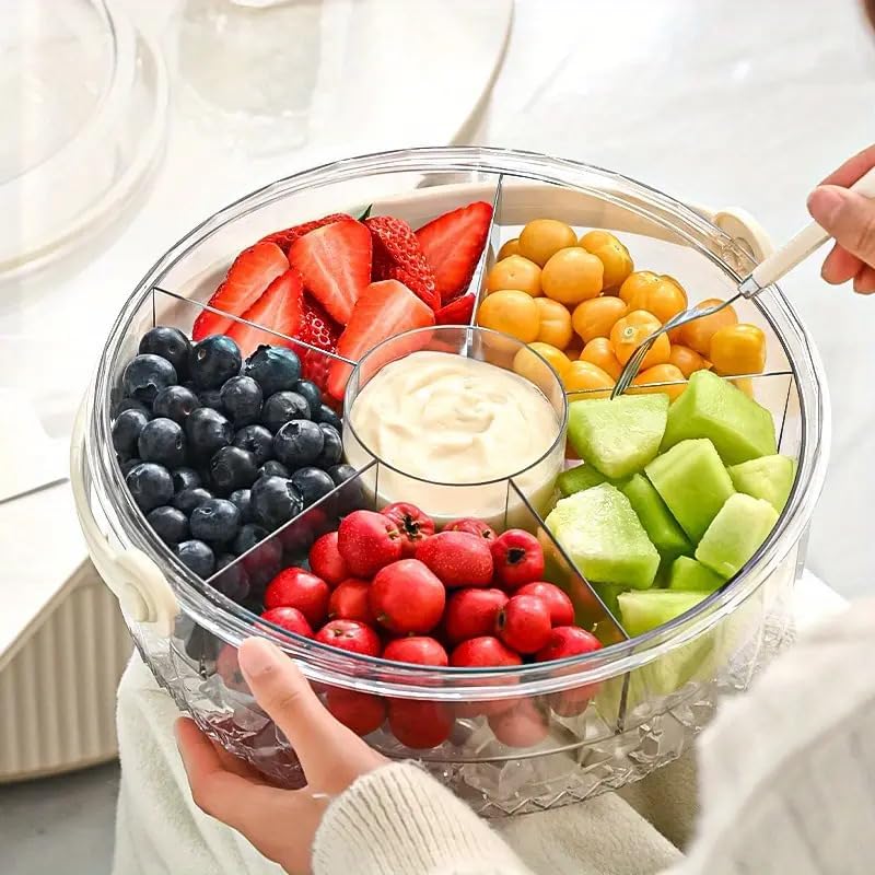 Image of Divided Snack Serving Tray with Handle - Multi-Compartment Fruit Platter with Lid - Storage Organizer for Candy, Nuts, Appetizers, Picnic & Party (1Pcs)