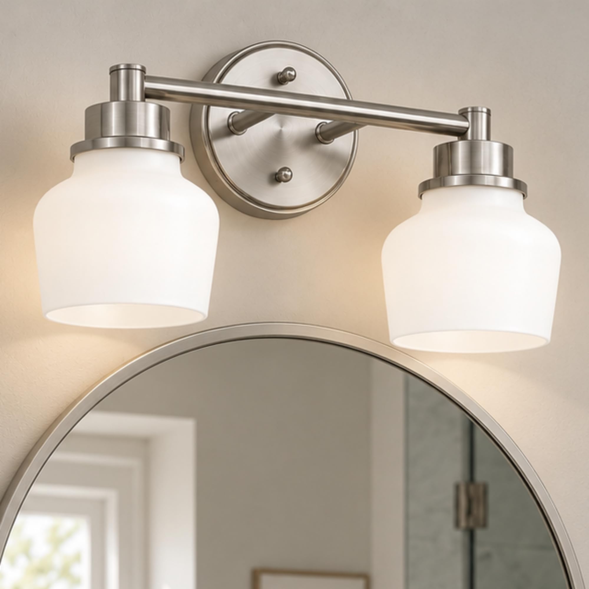 Emak Brushed Nickel Bathroom Light Fixtures, 2-Light Bathroom Vanity Light with Milk Glass Shade, Modern Vanity Lights for Bathroom, Mirror, VL122-BN-ML-2