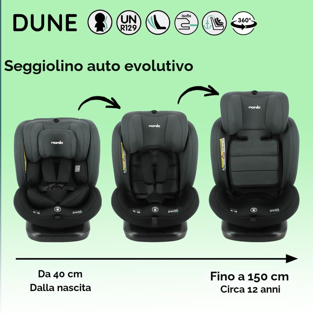 Nania Dune, Seggiolino auto i-Size, Girevole 360, evolutivo, nascita e fino a 12 anni circa, Gruppo 0/1/2/3, 40-150 cm, Seggiolino Auto ISOFIX, Rotazione 360, reclinabile, Poggiatesta regolabile