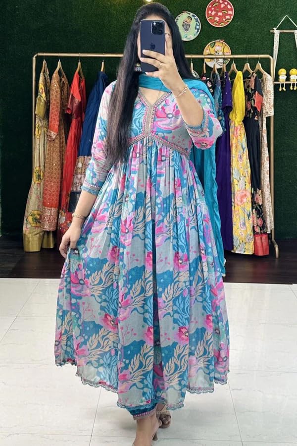 Image of KD Women's Anarkali Floral Printed Kurta Pent Set with Dupatta Anarkali Kurta for Women | Kurta Set | Ethnic Set | Dupatta Set