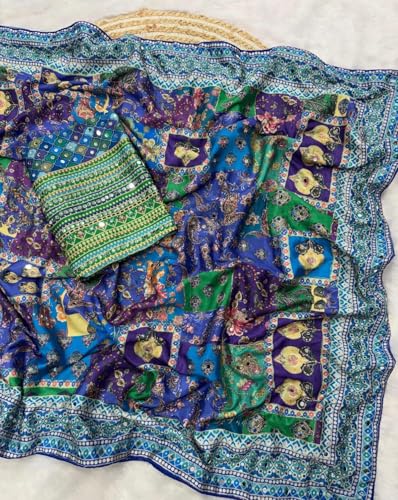 Image of Women's Blue Green Pink Multicolored Ajrak Digital Prined Real Mirror And Latkan Worked Saree With Blouse