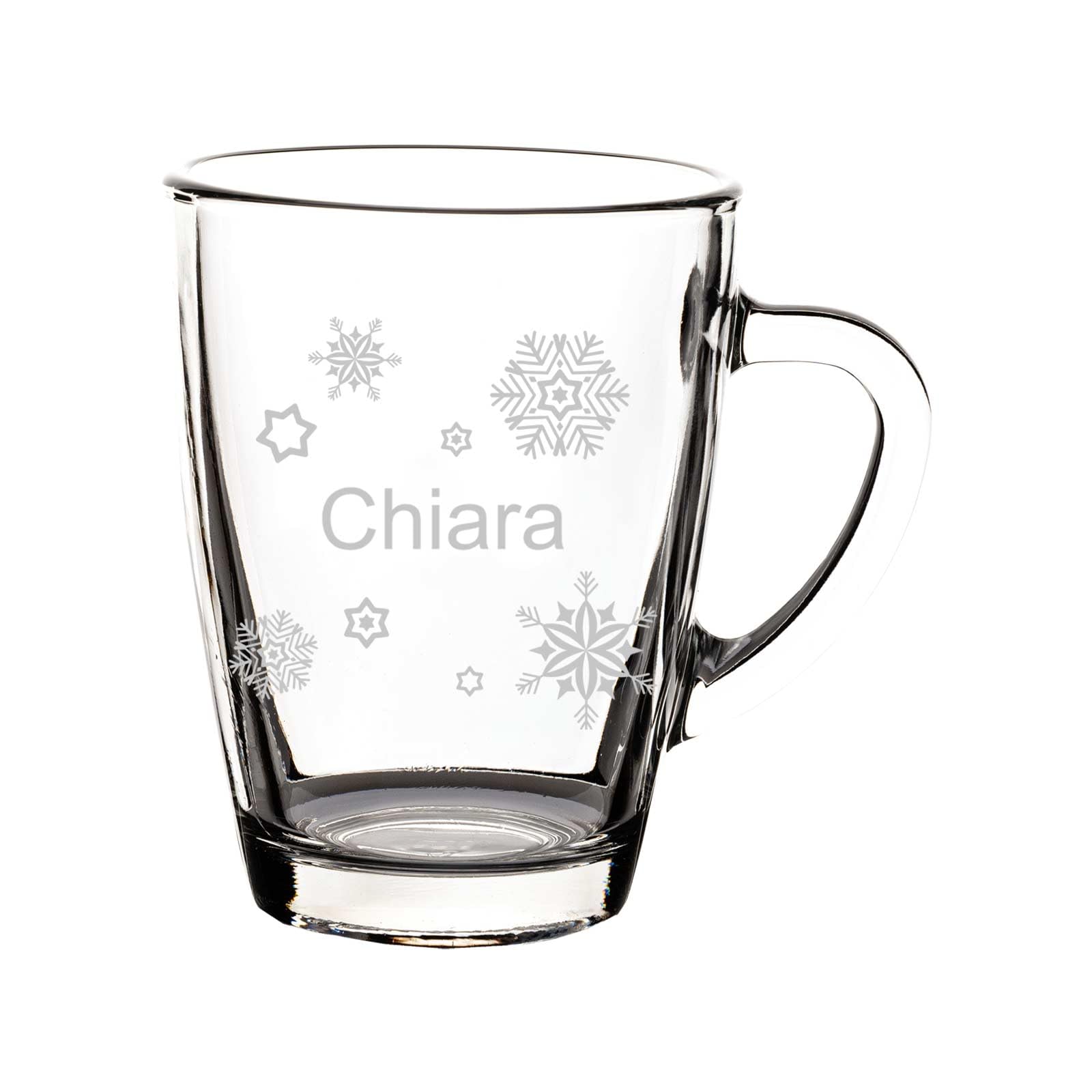 Glasbecher mit Gravur, Schneeflocke, 300 ml, 6 Stück | Personalisierte Glastassen für Kaffee, Tee & Glühwein, Wichtelgeschenkidee, hitzebeständig, Spülmaschinenfest