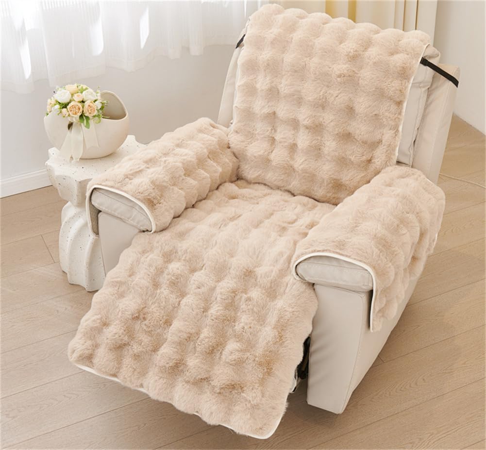 Plush Recliner Slipcover Home Faux Fur Fluffy Recliner Chair Slipcover Non Slip Back Fuzzy Fluffy Reclining Couch Cover Soft Comfort Sofa Slipcover Washable Furniture Protector (Camel)