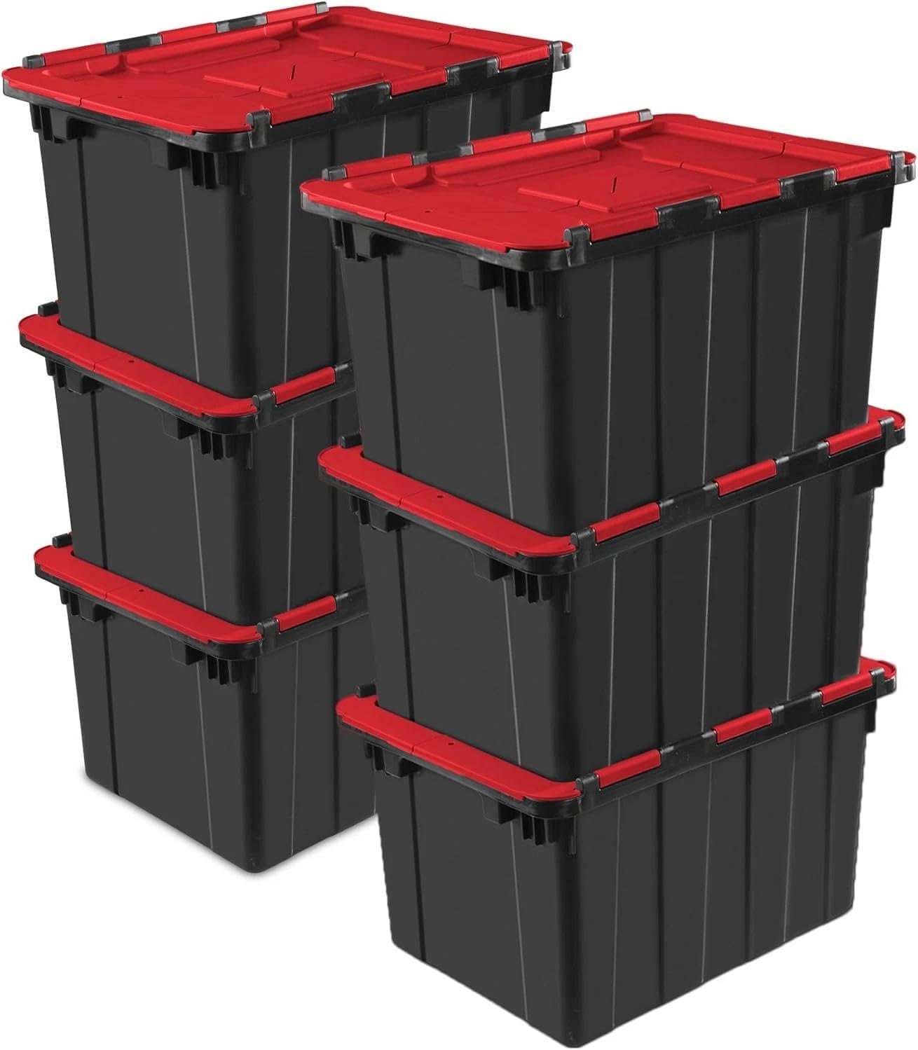 for 6 Pack Hinged Lid Industrial Totes, 12 Gal Stackable Storage Bins, Black/Red Lid