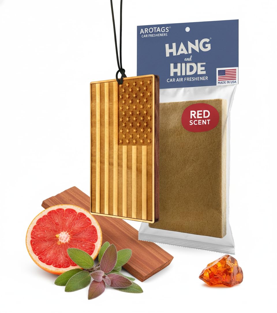 Arotags Wood Diffuser Car Air Freshener, USA Flag Design, Organic Scent Boosting Pad, Red Scent, Long-Lasting, Odor Eliminator, American Made