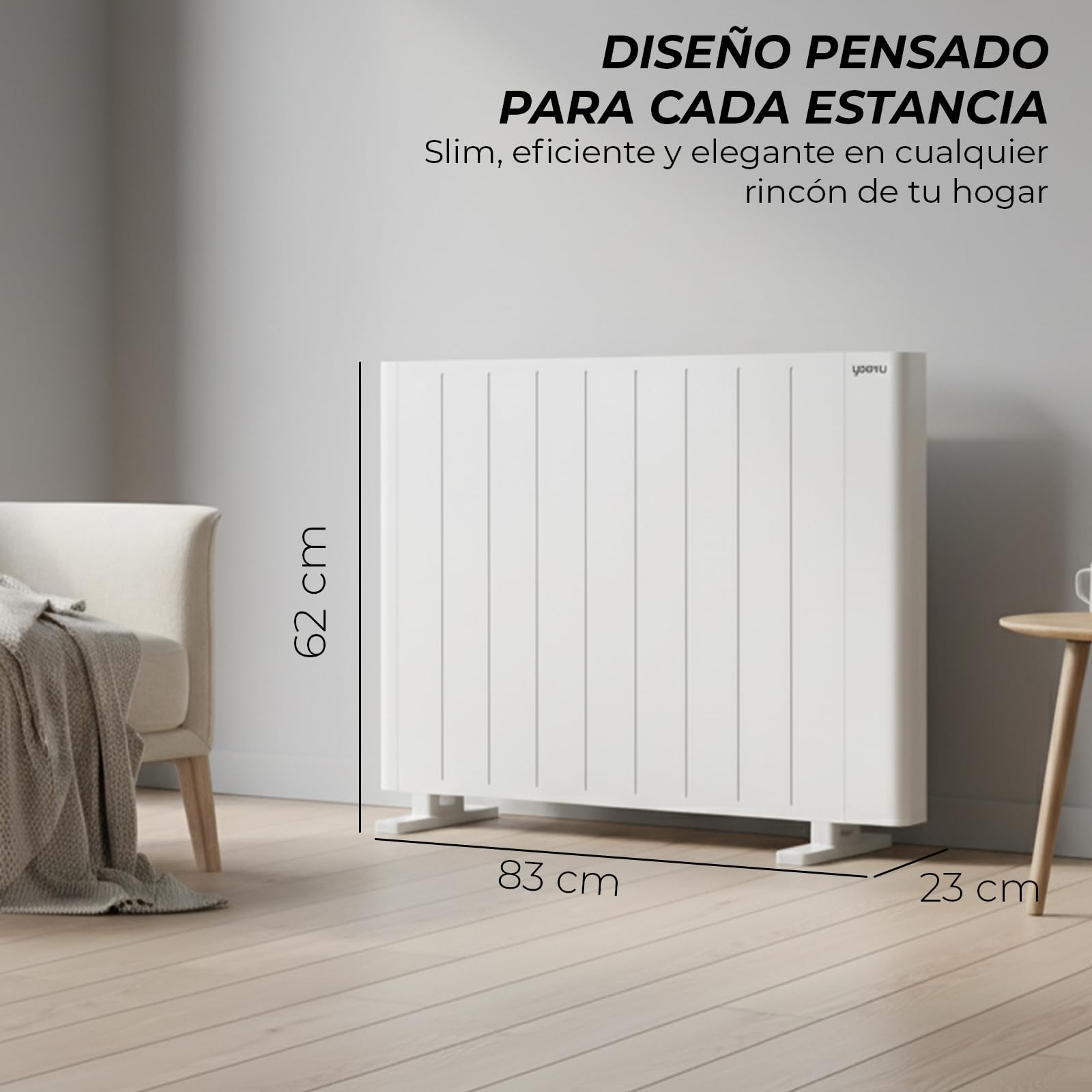 YOEVU | Radiador eléctrico bajo consumo | 2000W | 3 modos | Tecnología TRIAC, Compatible con Alexa, control WiFi y app, pantalla digital, temporizador, montaje suelo o pared, blanco