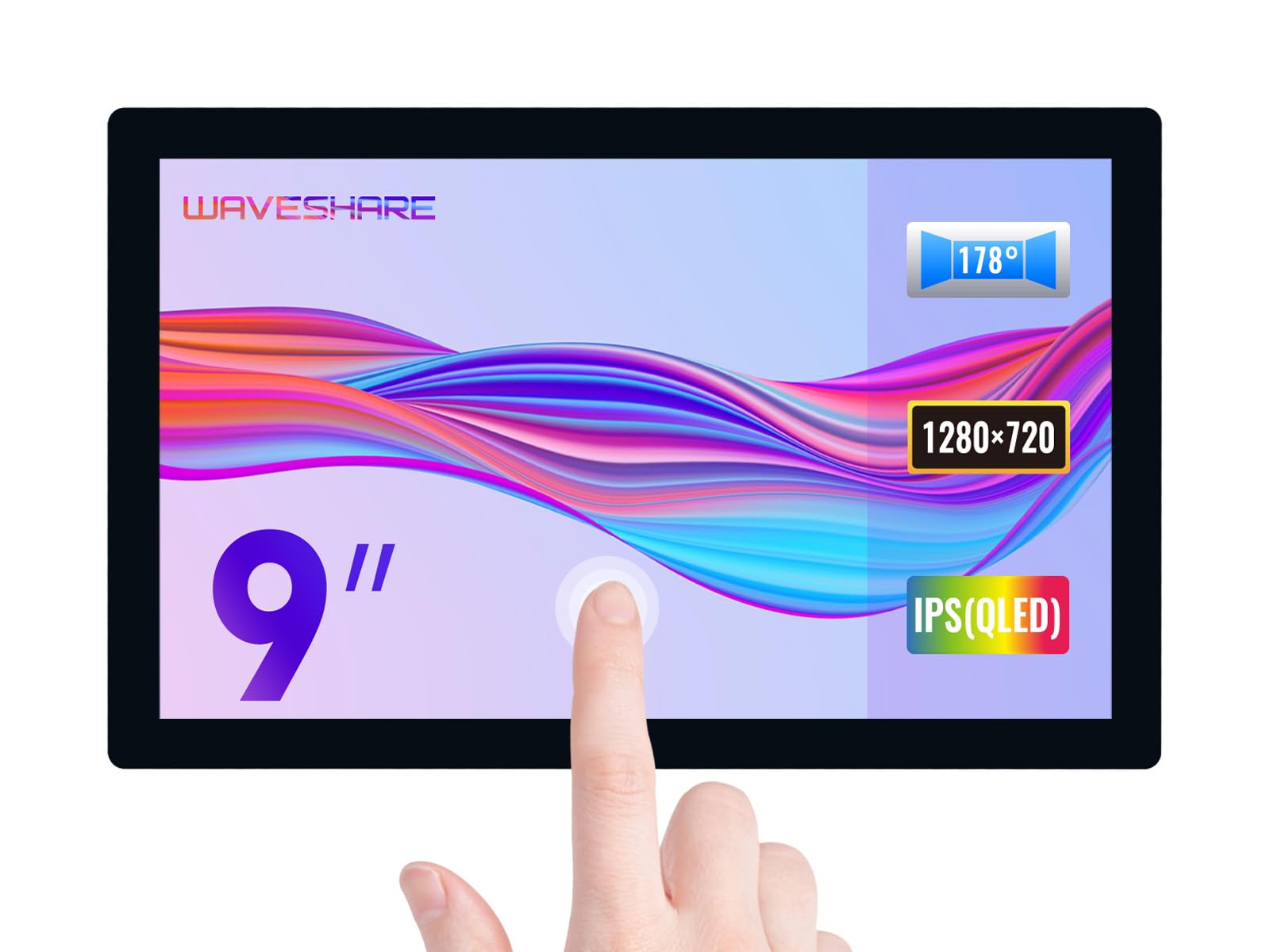 Waveshare 9inch Control Panel,Compatible with Raspberry Pi/Jetson Nano,QLED Quantum Dot Display, 1280×720, Toughened Glass Panel, HDMI Interface, Wide Color Gamut,Up to 10-Point Touch