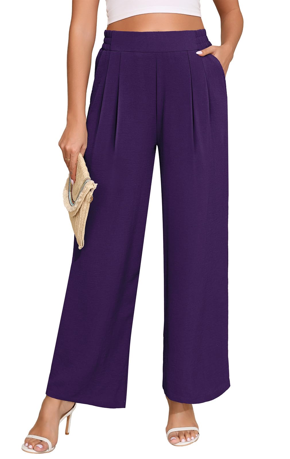 Askyes Womens Wide Leg Lounge Pants with Pockets Lightweight High Waisted Loose Trousers Work Casual Palazzo Pants