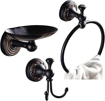 Leyden Oil Rubbed Bronze Soap Dish, Towel Ring and Coat Hooks 3 Pieces Set Retro Brass Bathroom Kit