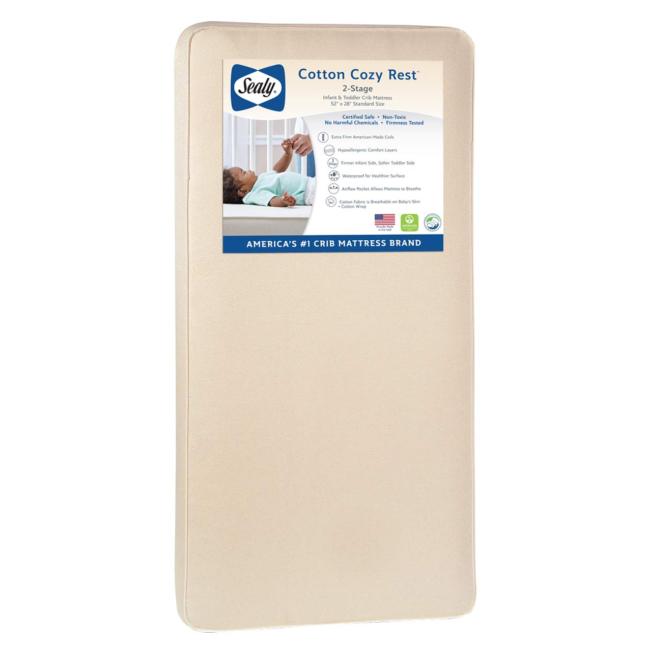 Sealy Baby Cotton Cozy Rest 2-Stage Dual Firmness Waterproof Standard Toddler & Baby Crib Mattress - 204 Premium Coils, 51.7” x 27.3"