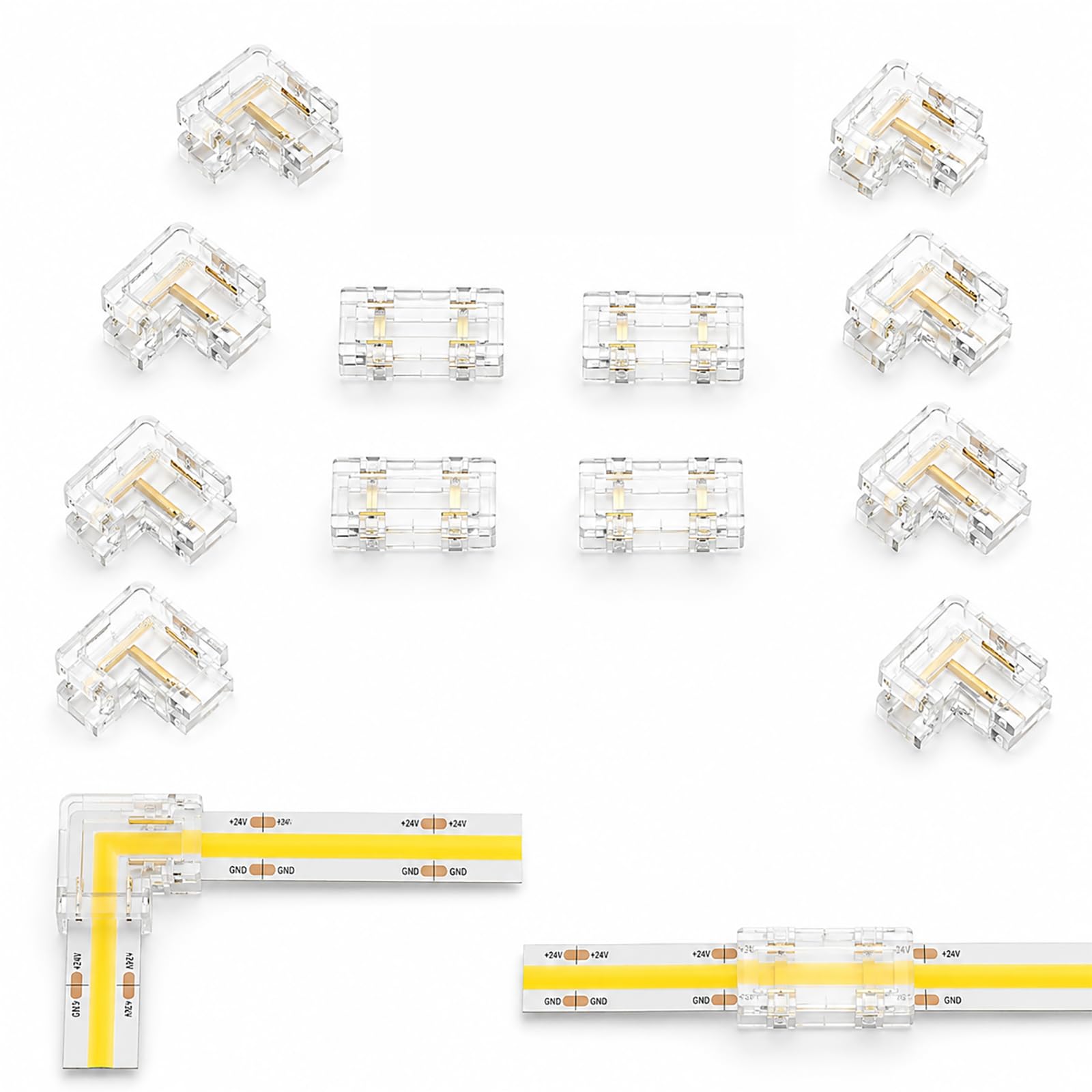12 Stück COB LED Streifen Verbinder 2 Pin 8 mm, Set mit 8 L-Form Eckverbindern und 4 I-Form Mittelverbindern, Transparente Lötfreie Lichtband Connectoren für 5-24 V Innenbeleuchtung, Nicht IP65