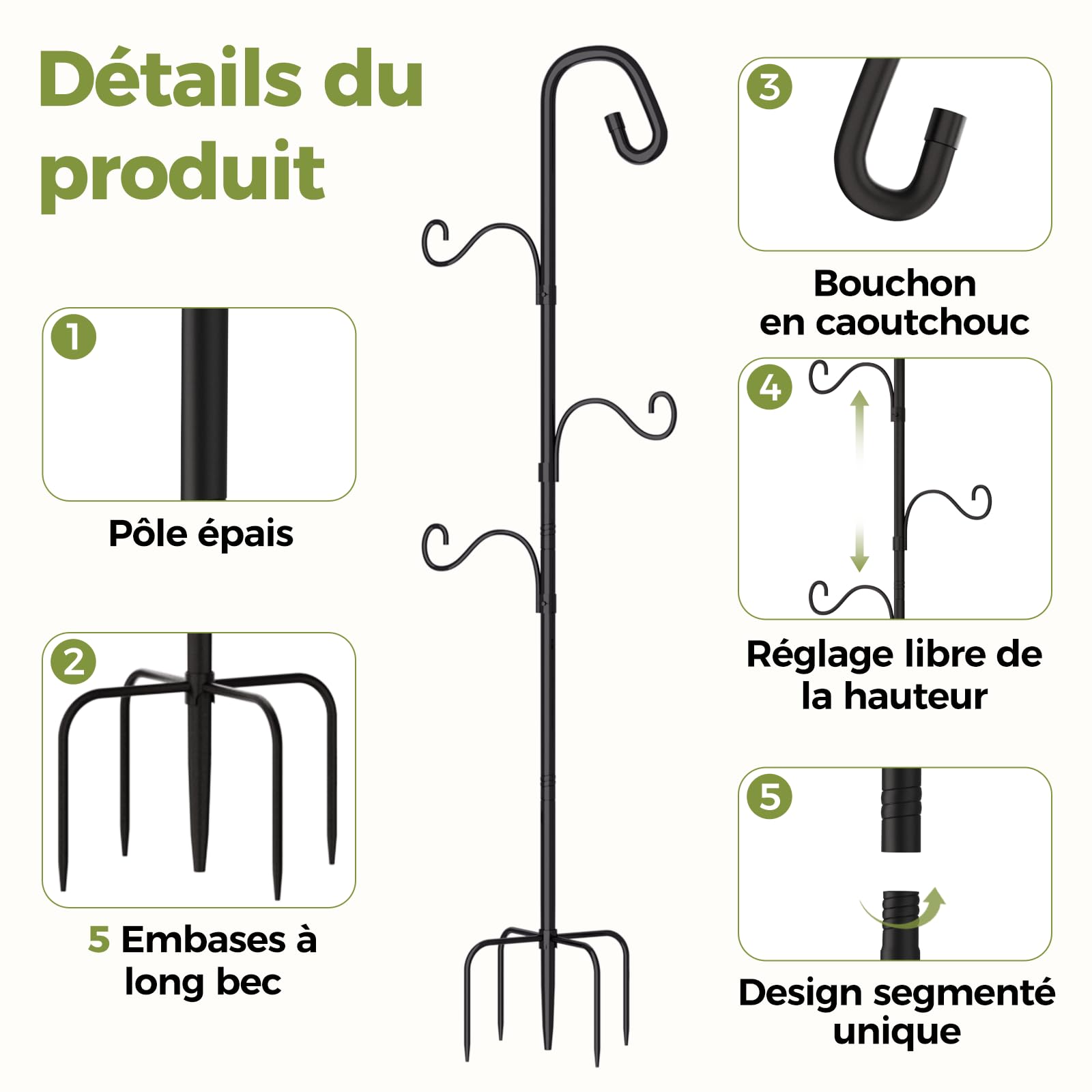 Bamworld Crochet de Berger Extérieur 120cm Mangeoire Oiseaux sur Pied - Support Jardin Robuste 4 Crochets Réglables pour Plantes Suspendues Pots de Fleurs Lanternes Décoration