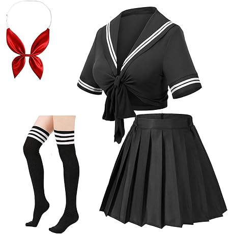 Elibelle Anime Cosplay Schoolgirl Uniform JK Crop Top Tie up Pleated Skirt...
