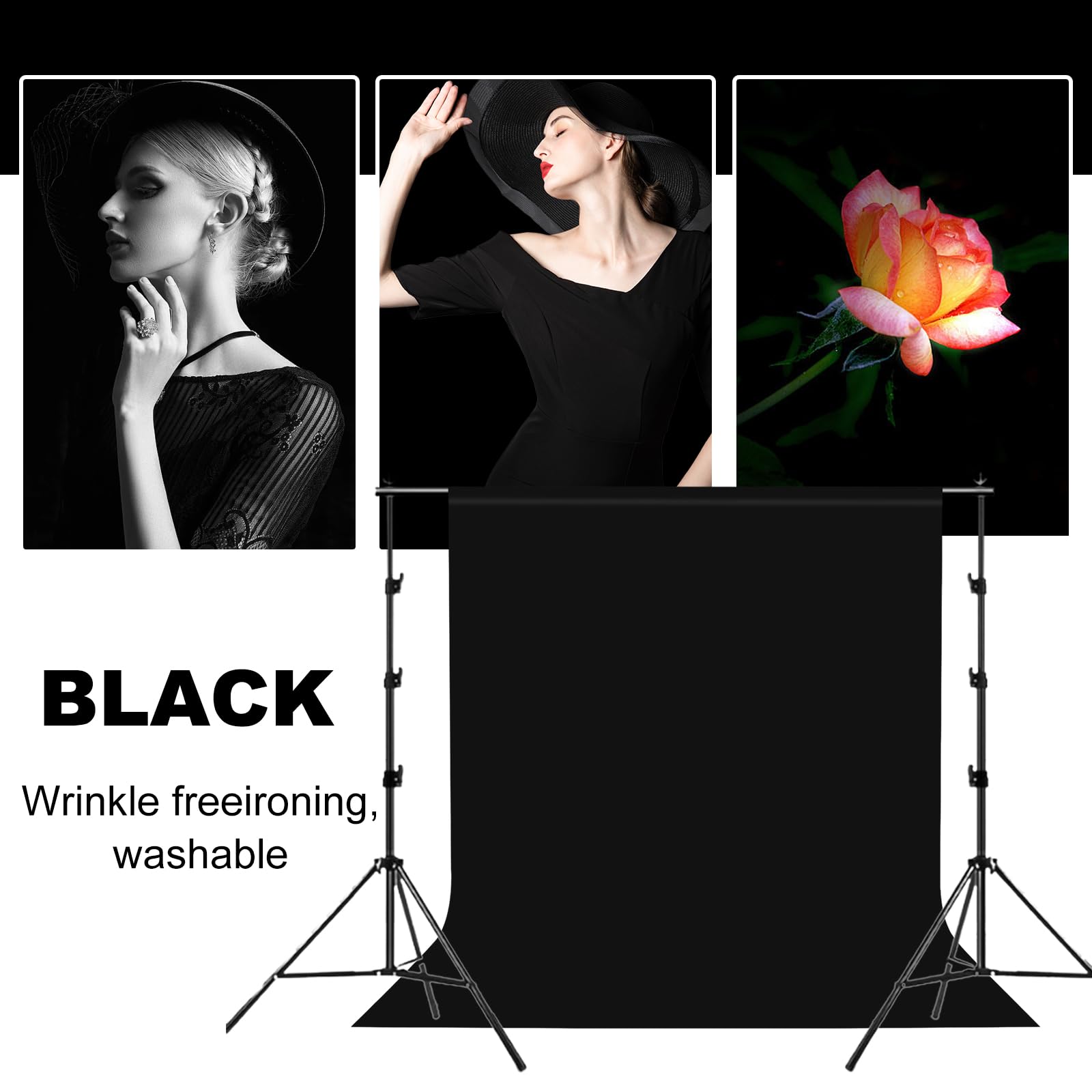 Czarne tło fotograficzne, 3 x 4 m, składane, czarne, tło fotograficzne, tło fotograficzne z 4 zaciskami klejowymi, do studia fotograficznego, wideo, fotografii mody i wesela