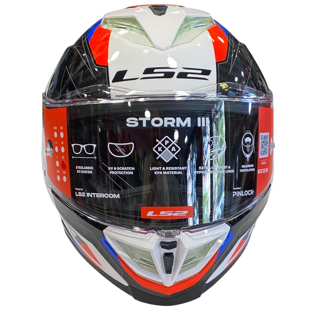 LS2 Storm 3 Designed Sporty Blanco Azul Rojo - Casco de Moto Integral en KPA con Visor Solar y Pinlock de Serie - Helmets Unisex Hombre y Mujer - ECE 22.06