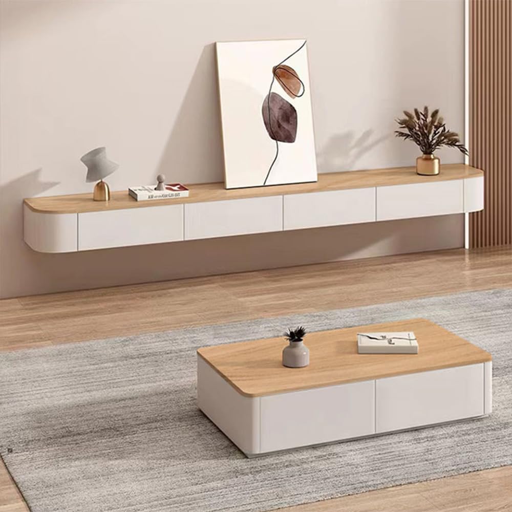 Meuble TV Suspendu, Meuble TV Flottant, Noir Meuble Télévision Mural en Bois Massif avec 2 Tiroirs, Design Élégant et Suspendu, Étagère de Rangement pour Salon ou Chambre (Couleur Bois, 220cm)