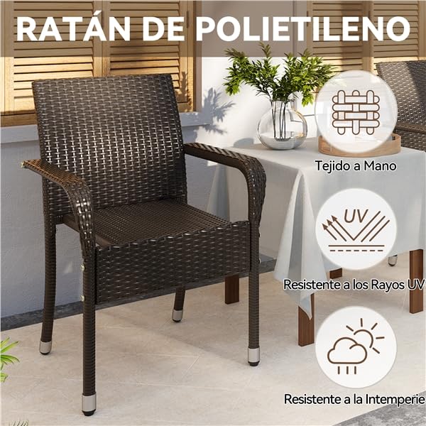 Yaheetech Sillas Jardín Exterior con Reposabrazos y Respaldo, Sillas Terraza Exterior Sillas de Balcón con Patas Ajustables para Jardín Balcón Terraza (3, Marrón)