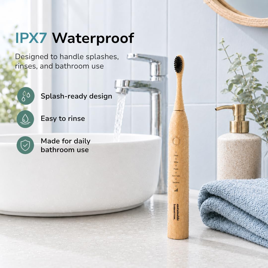Sustainable Tomorrow Zen Bamboo Spazzolino da denti elettrico per adulti, ricaricabile con setole morbide a base vegetale, teste in bambù, 5 modalità e batteria a lunga durata, regalo di Natale ideale