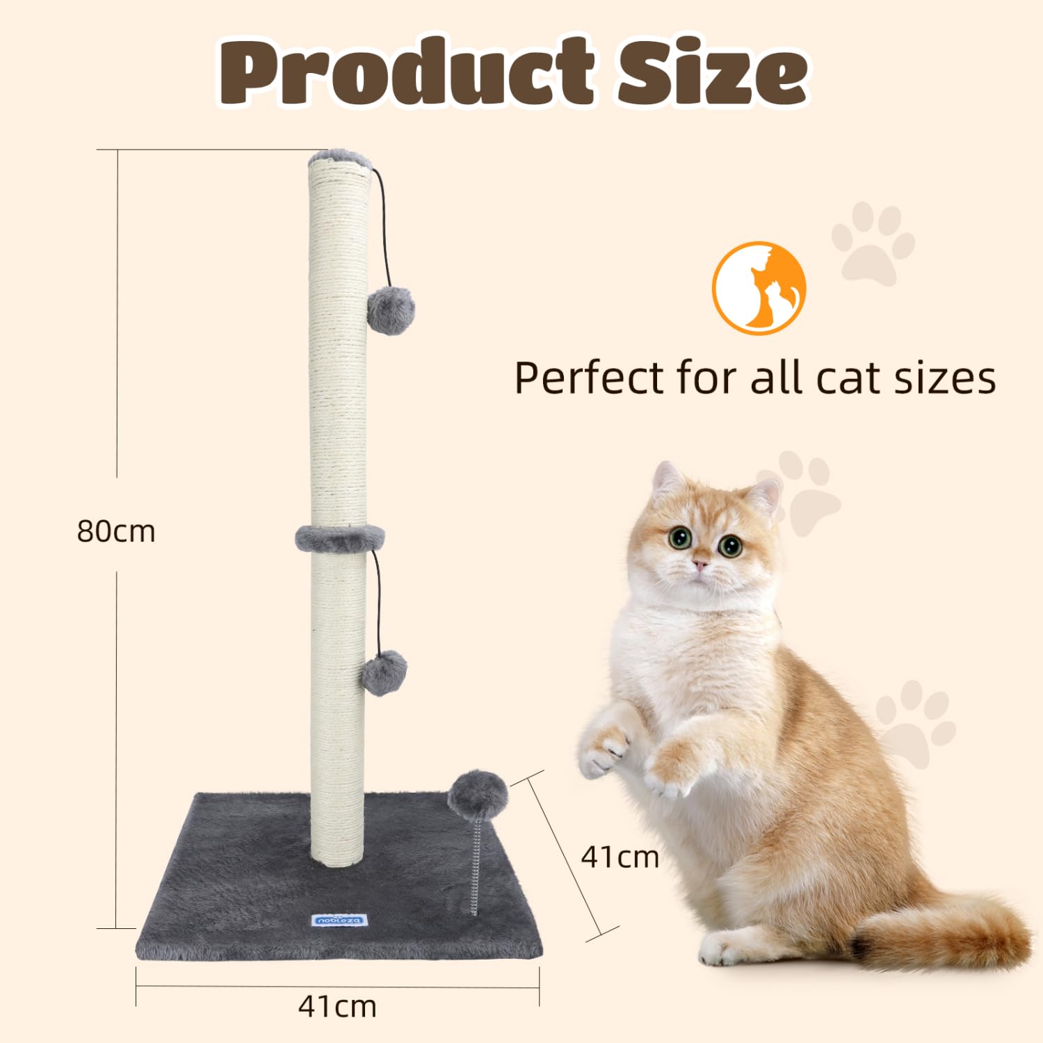 Nobleza Rascador para Gatos, Altura 80 cm, Poste de Rascador para Gatos Medianos y Grandes, Cat Tree con Bola de Juguete Colgante y Pompón de Muelle (Gris)