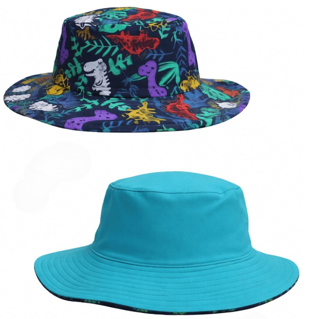 Kidz Swimmers UPF50+ Reversible Bucket Sun Hat for Kids – Baby & Toddler Hat in Jungle Dinosaur Blue for Use in & Out of Water UV Protection L (5-6 Years)