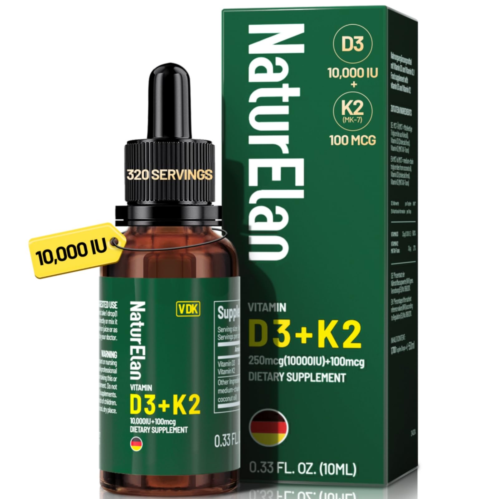 Amazon.com: Organic Vitamin D3 K2 Drops with MCT Oil, 10,000 IU Vitamin D  Liquid Drops + 100mcg K2(MK-7), 320 Servings, Supports Bone, Immune, Heart  & Teeth Health, Third-Party Tested, Vegan, Non-GMO, Gluten